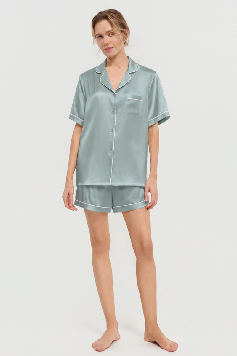 100% Mulberry Silk Pajama Shorts Set Premium Short Sleeve Silk Loungewear Elegant Lightweight Sleepwear