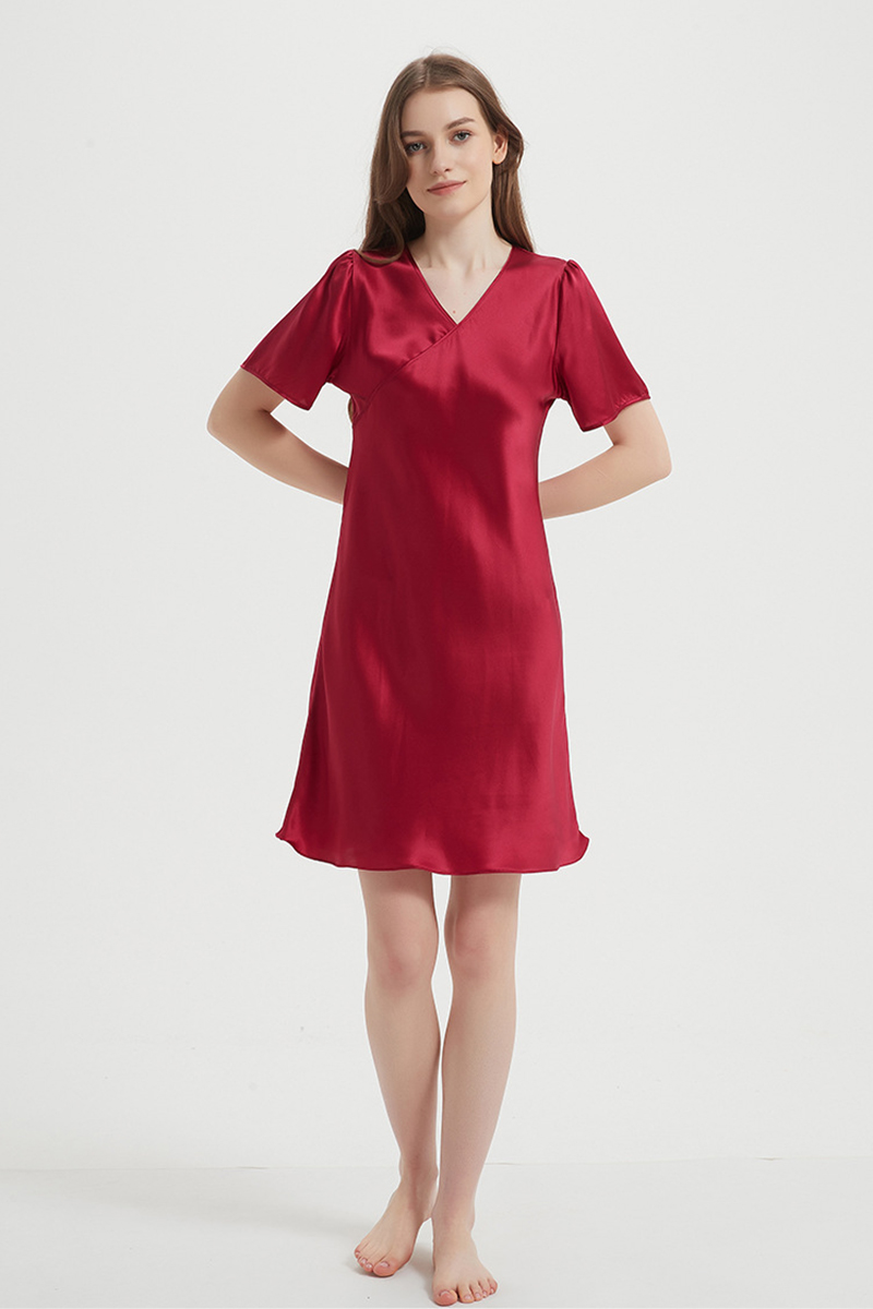 100% Mulberry Lightweight Solid Pure Silk Sleep Dress  Short Sleeve Breathable Mulberry Silk Home Nightwear