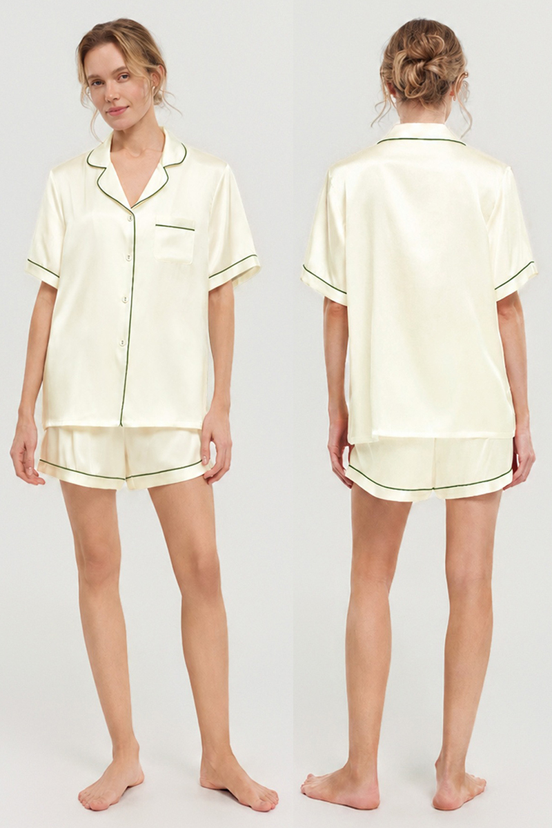 100% Mulberry Silk Pajama Shorts Set Premium Short Sleeve Silk Loungewear Elegant Lightweight Sleepwear