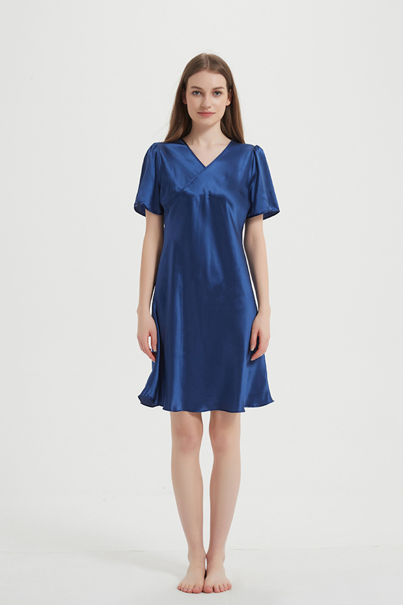 100% Mulberry Lightweight Solid Pure Silk Sleep Dress  Short Sleeve Breathable Mulberry Silk Home Nightwear