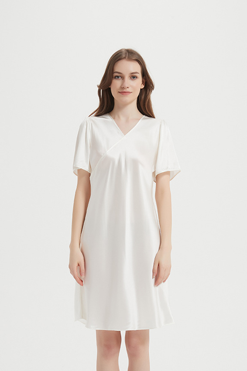 100% Mulberry Lightweight Solid Pure Silk Sleep Dress  Short Sleeve Breathable Mulberry Silk Home Nightwear