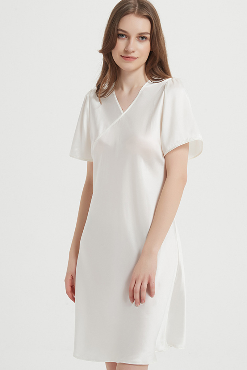 100% Mulberry Lightweight Solid Pure Silk Sleep Dress  Short Sleeve Breathable Mulberry Silk Home Nightwear