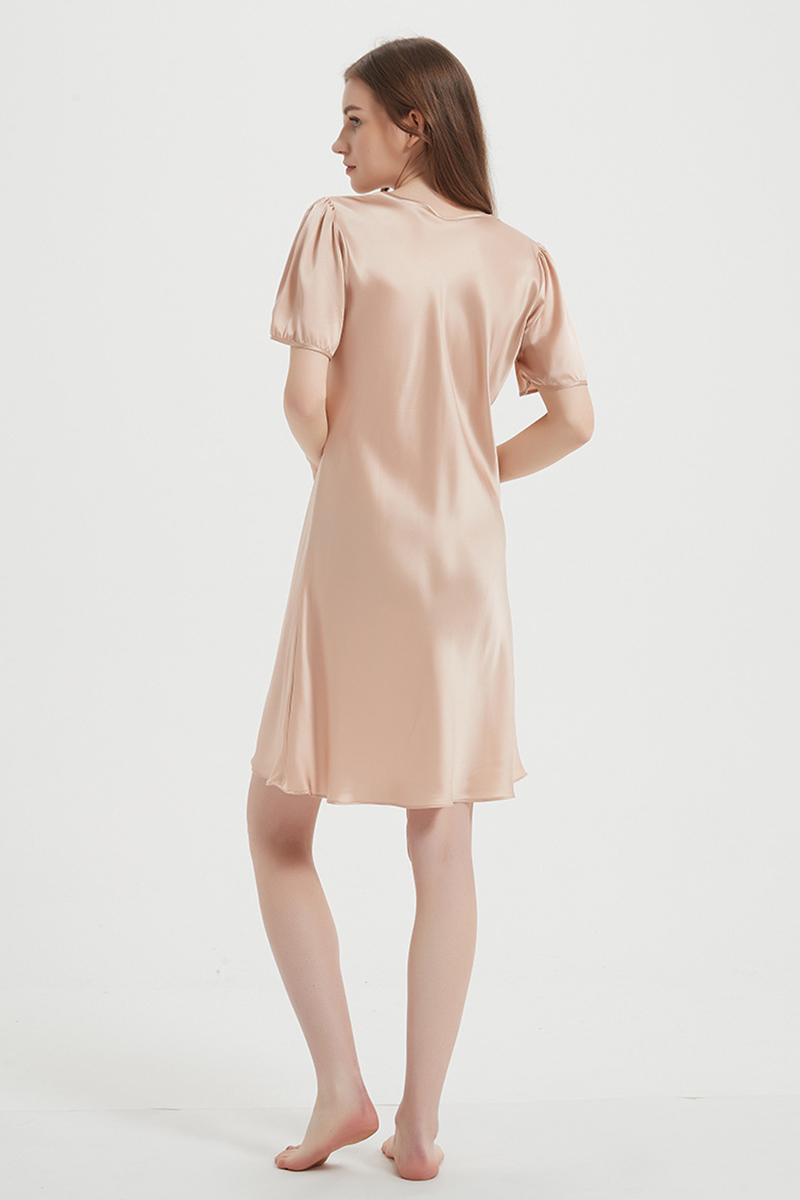 100% Mulberry Lightweight Solid Pure Silk Sleep Dress  Short Sleeve Breathable Mulberry Silk Home Nightwear