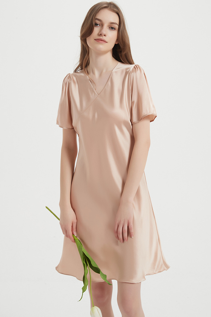 100% Mulberry Lightweight Solid Pure Silk Sleep Dress  Short Sleeve Breathable Mulberry Silk Home Nightwear