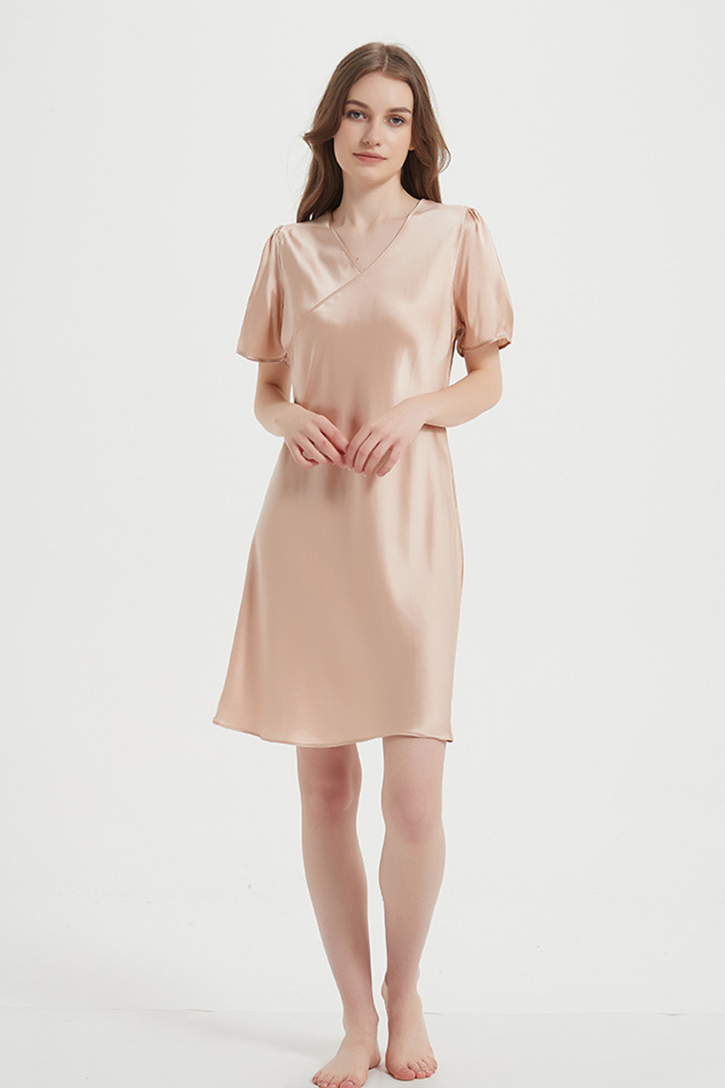 100% Mulberry Lightweight Solid Pure Silk Sleep Dress  Short Sleeve Breathable Mulberry Silk Home Nightwear