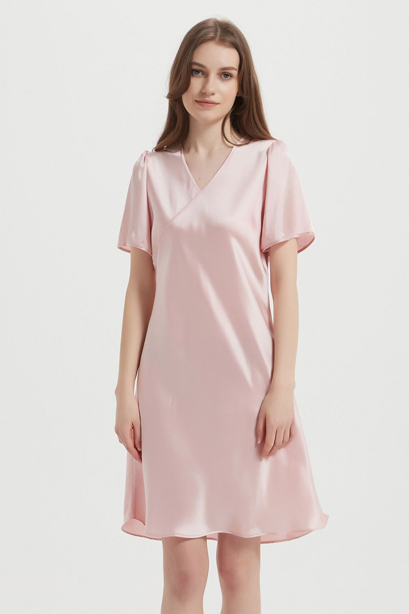 100% Mulberry Lightweight Solid Pure Silk Sleep Dress  Short Sleeve Breathable Mulberry Silk Home Nightwear