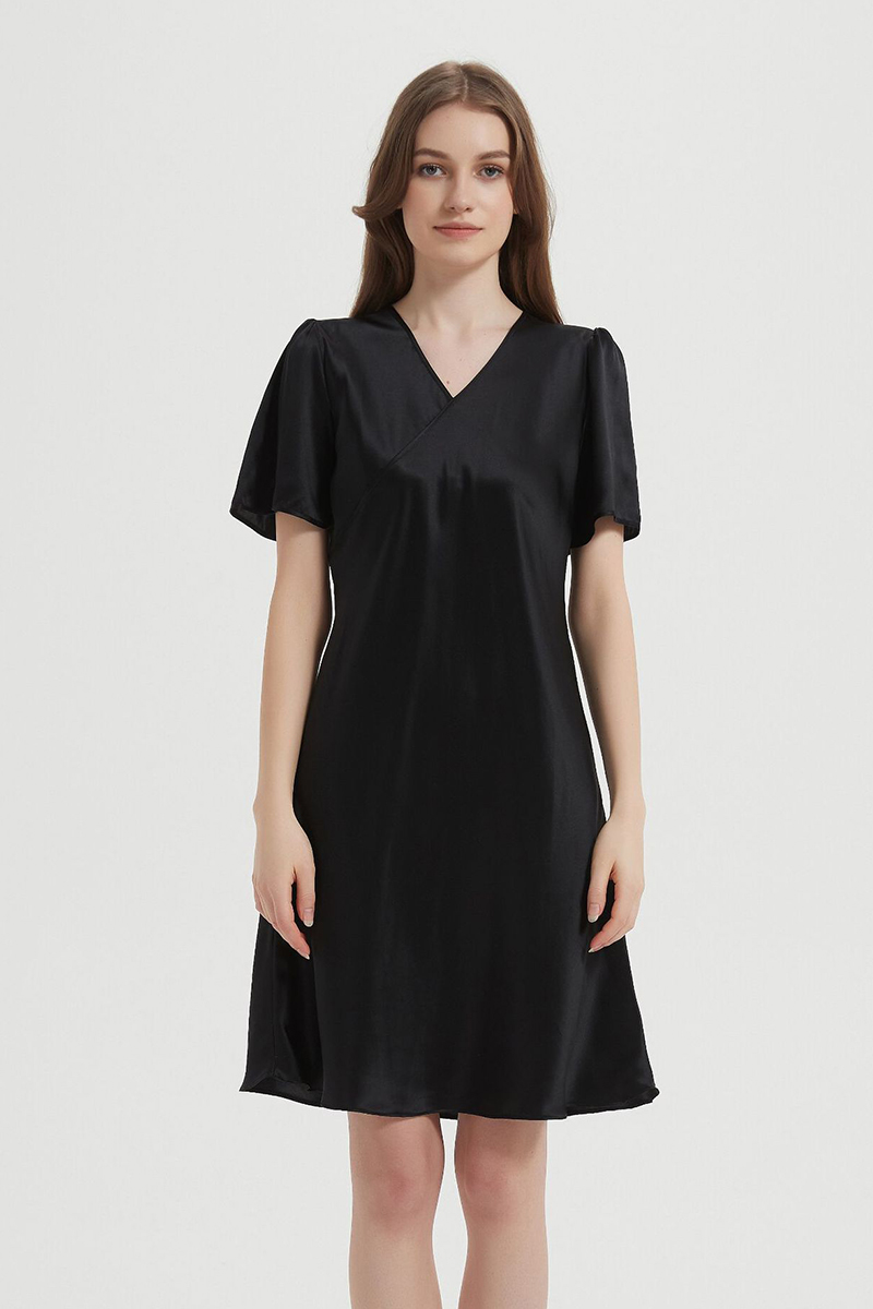 100% Mulberry Lightweight Solid Pure Silk Sleep Dress  Short Sleeve Breathable Mulberry Silk Home Nightwear