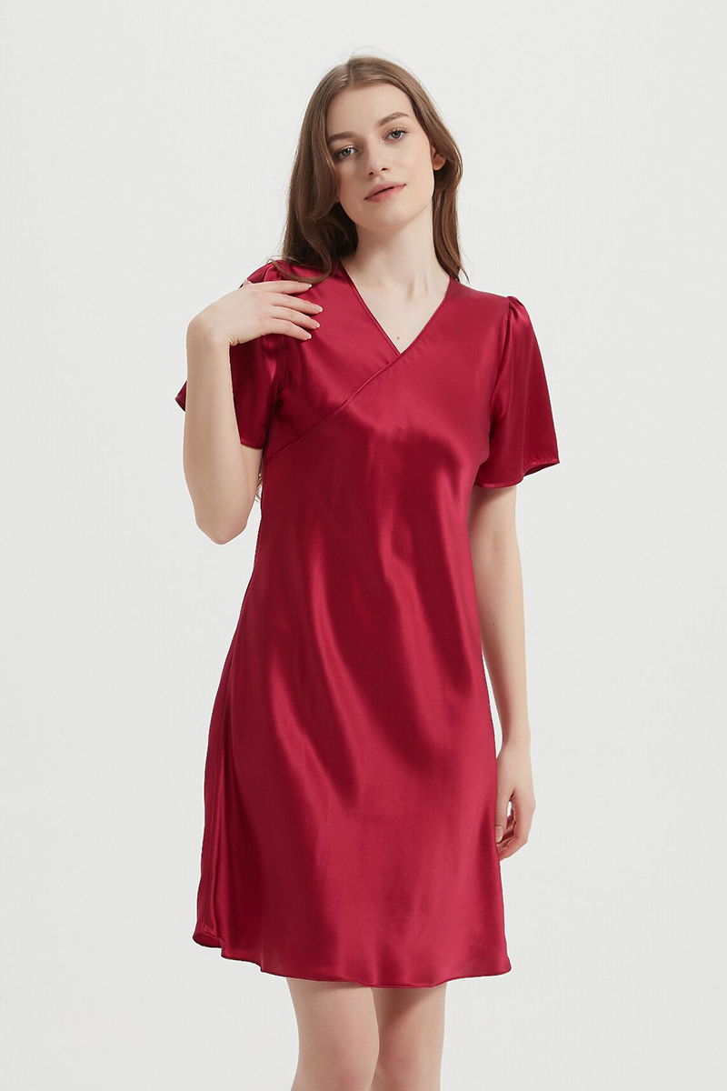 100% Mulberry Lightweight Solid Pure Silk Sleep Dress  Short Sleeve Breathable Mulberry Silk Home Nightwear