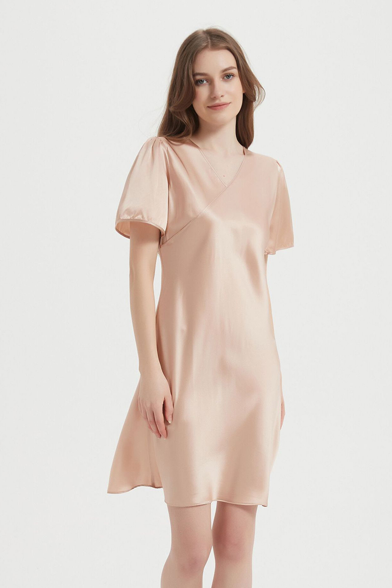 100% Mulberry Lightweight Solid Pure Silk Sleep Dress  Short Sleeve Breathable Mulberry Silk Home Nightwear