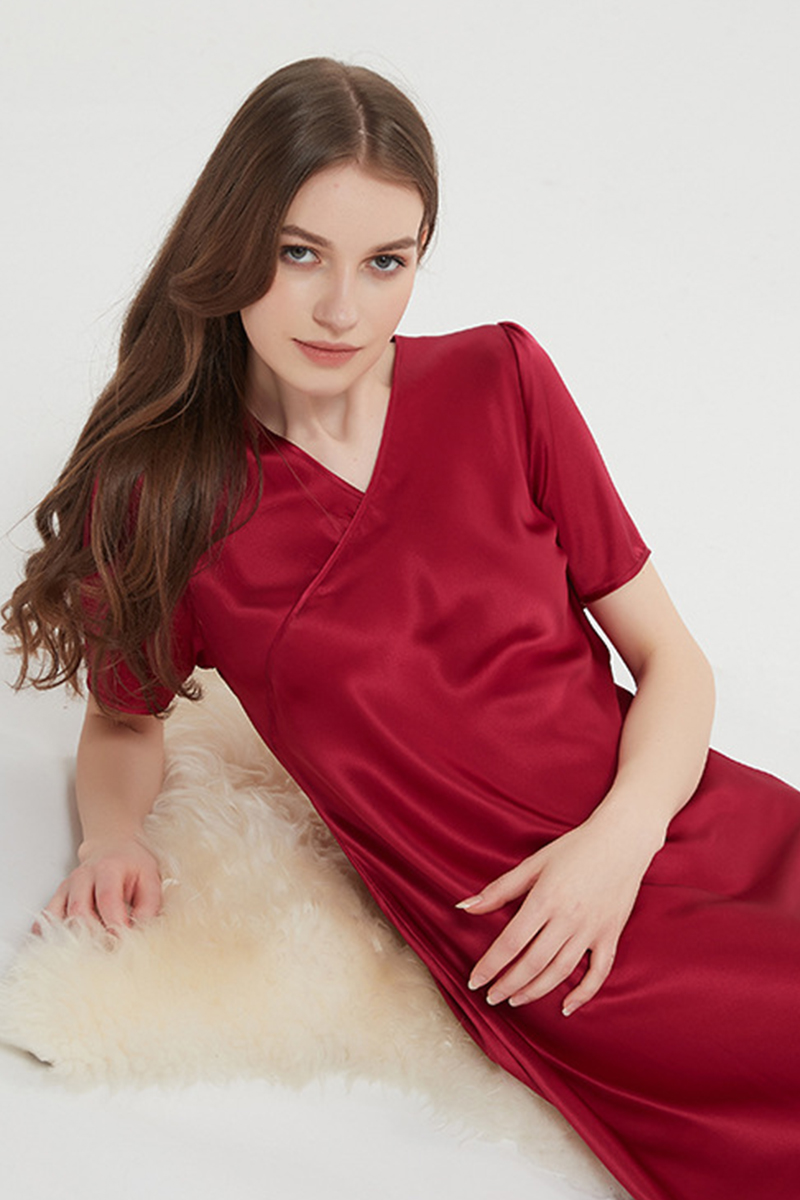 100% Mulberry Lightweight Solid Pure Silk Sleep Dress  Short Sleeve Breathable Mulberry Silk Home Nightwear
