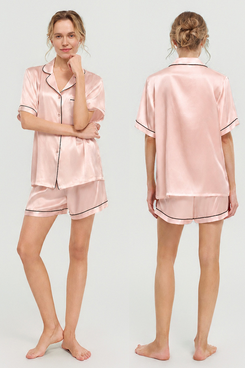 100% Mulberry Silk Pajama Shorts Set Premium Short Sleeve Silk Loungewear Elegant Lightweight Sleepwear