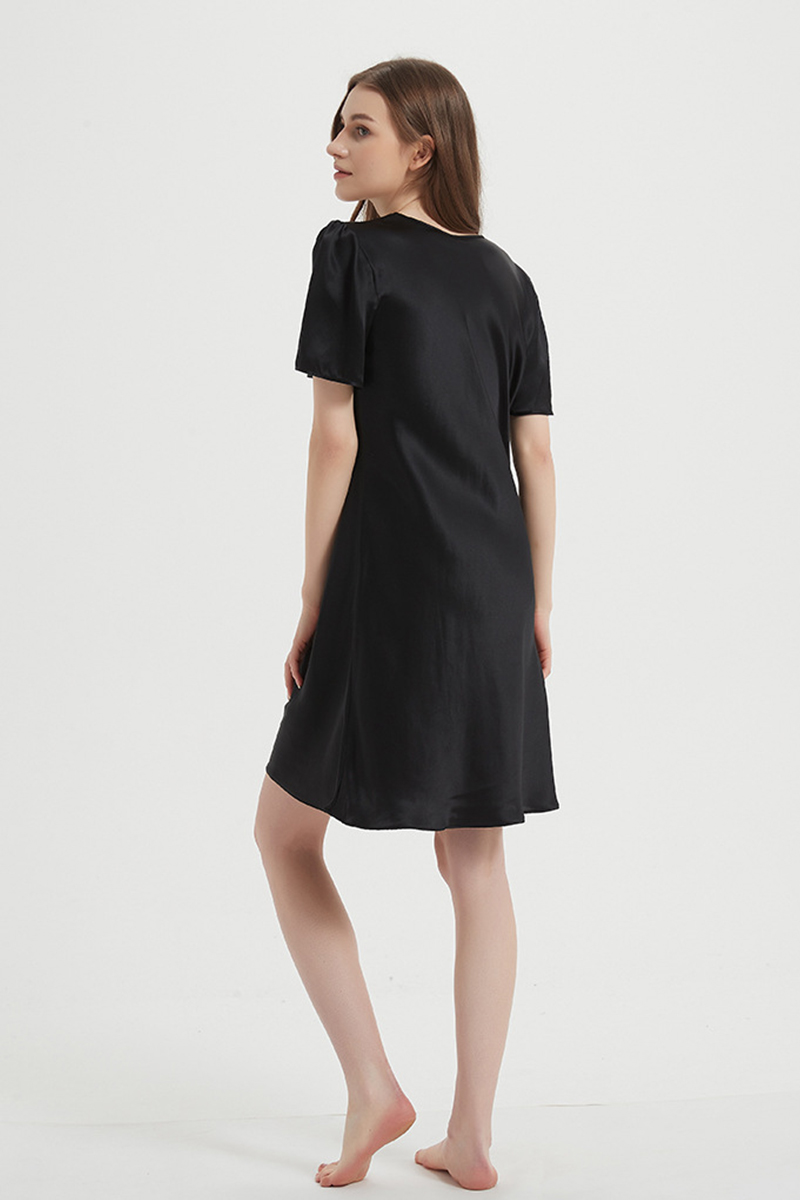 100% Mulberry Lightweight Solid Pure Silk Sleep Dress  Short Sleeve Breathable Mulberry Silk Home Nightwear