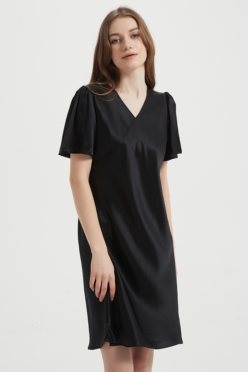 100% Mulberry Lightweight Solid Pure Silk Sleep Dress  Short Sleeve Breathable Mulberry Silk Home Nightwear