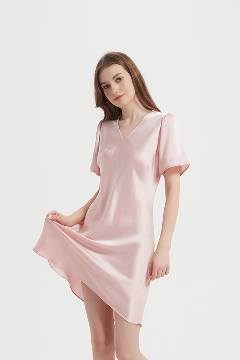 100% Mulberry Lightweight Solid Pure Silk Sleep Dress  Short Sleeve Breathable Mulberry Silk Home Nightwear