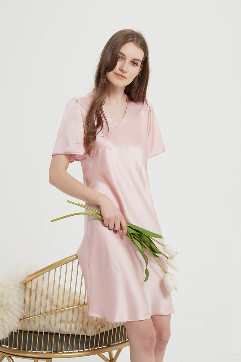 100% Mulberry Lightweight Solid Pure Silk Sleep Dress  Short Sleeve Breathable Mulberry Silk Home Nightwear