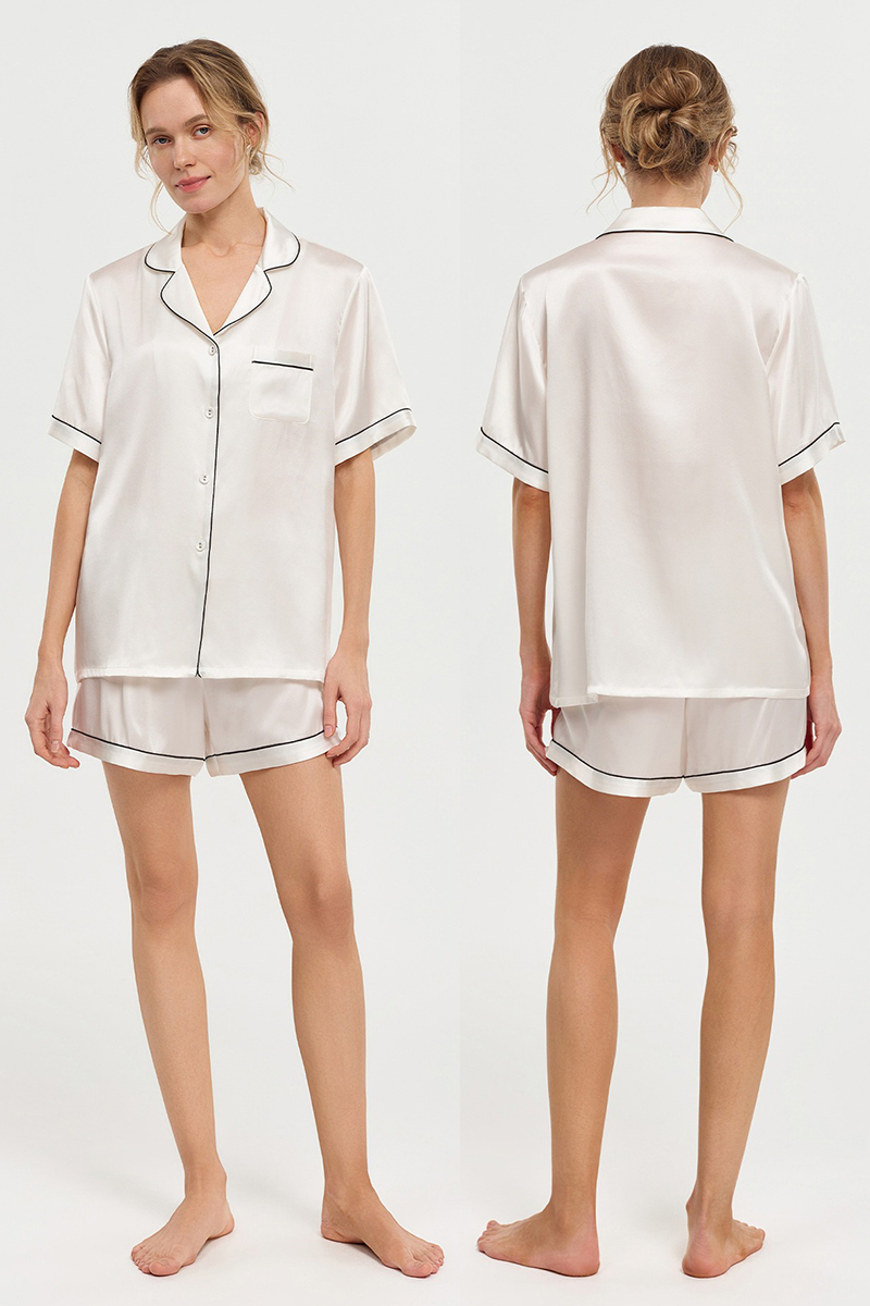 100% Mulberry Silk Pajama Shorts Set Premium Short Sleeve Silk Loungewear Elegant Lightweight Sleepwear
