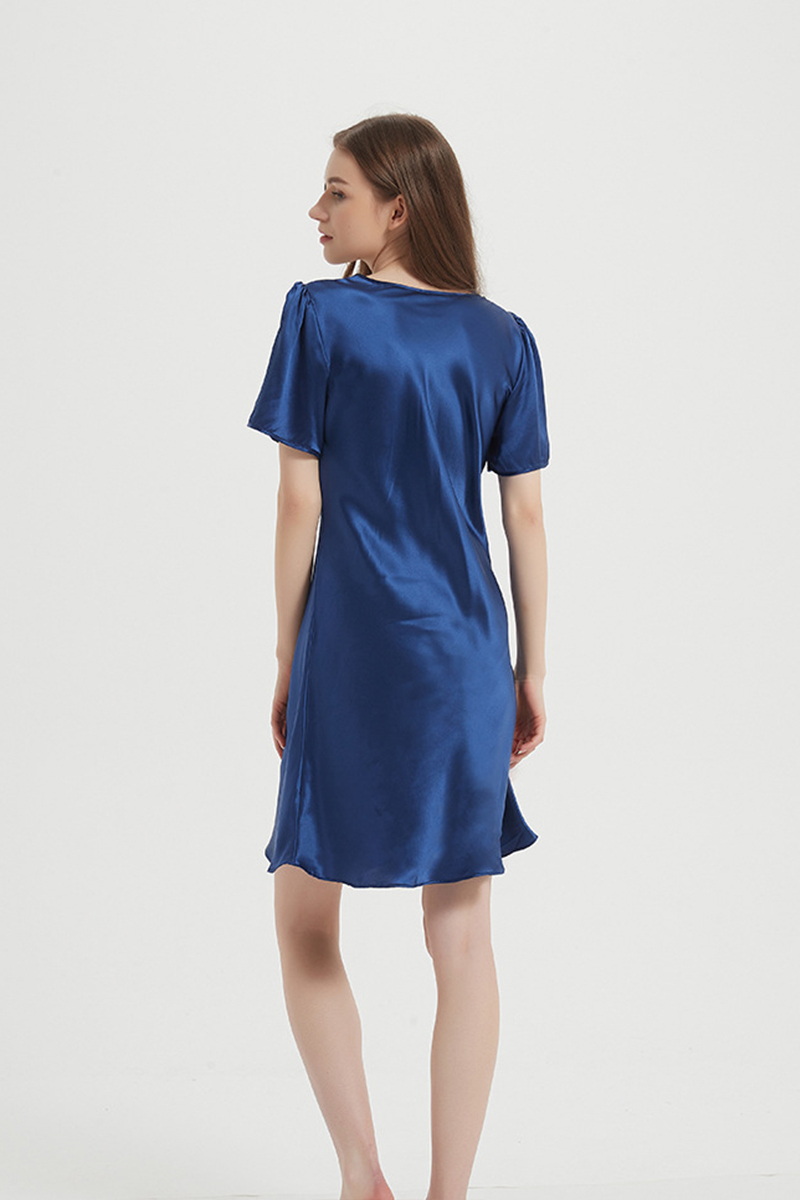 100% Mulberry Lightweight Solid Pure Silk Sleep Dress  Short Sleeve Breathable Mulberry Silk Home Nightwear