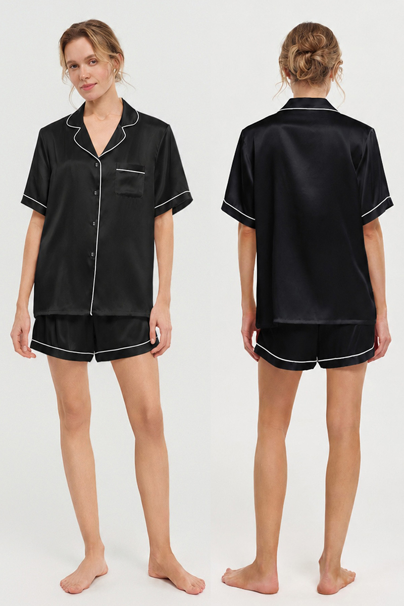 100% Mulberry Silk Pajama Shorts Set Premium Short Sleeve Silk Loungewear Elegant Lightweight Sleepwear