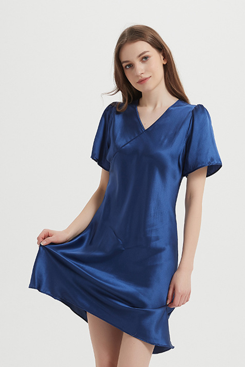 100% Mulberry Lightweight Solid Pure Silk Sleep Dress  Short Sleeve Breathable Mulberry Silk Home Nightwear