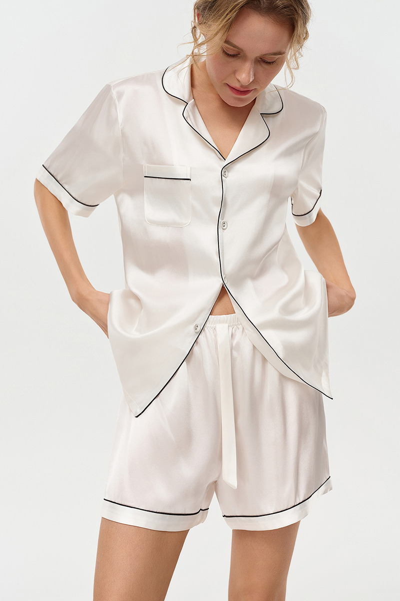 100% Mulberry Silk Pajama Shorts Set Premium Short Sleeve Silk Loungewear Elegant Lightweight Sleepwear