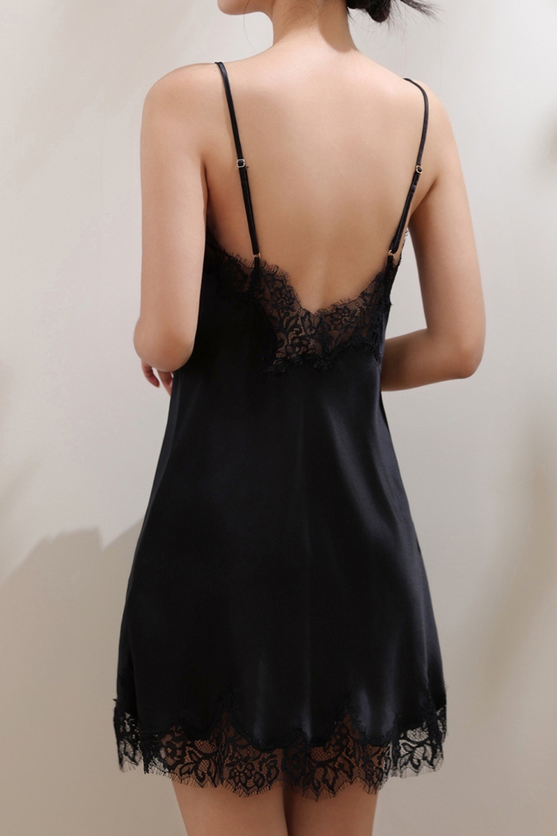19 Momme 100% Mulberry Silk Sexy Backless Silk Slip Nightgown Lace Trim Versatile Outerwear Sleep Dress