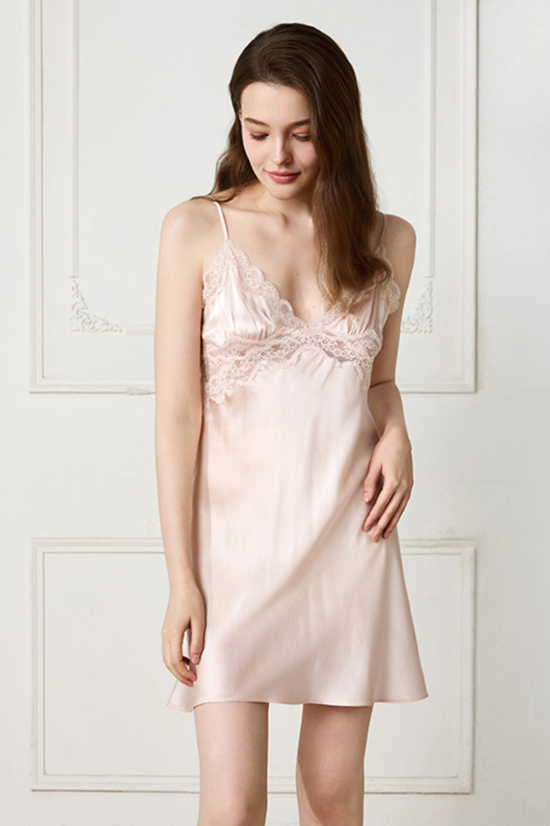 19 Momme 100% Mulberry Silk Slip Nightgown Sexy V-Neck Lace Backless Mini Silk Loungewear Dress