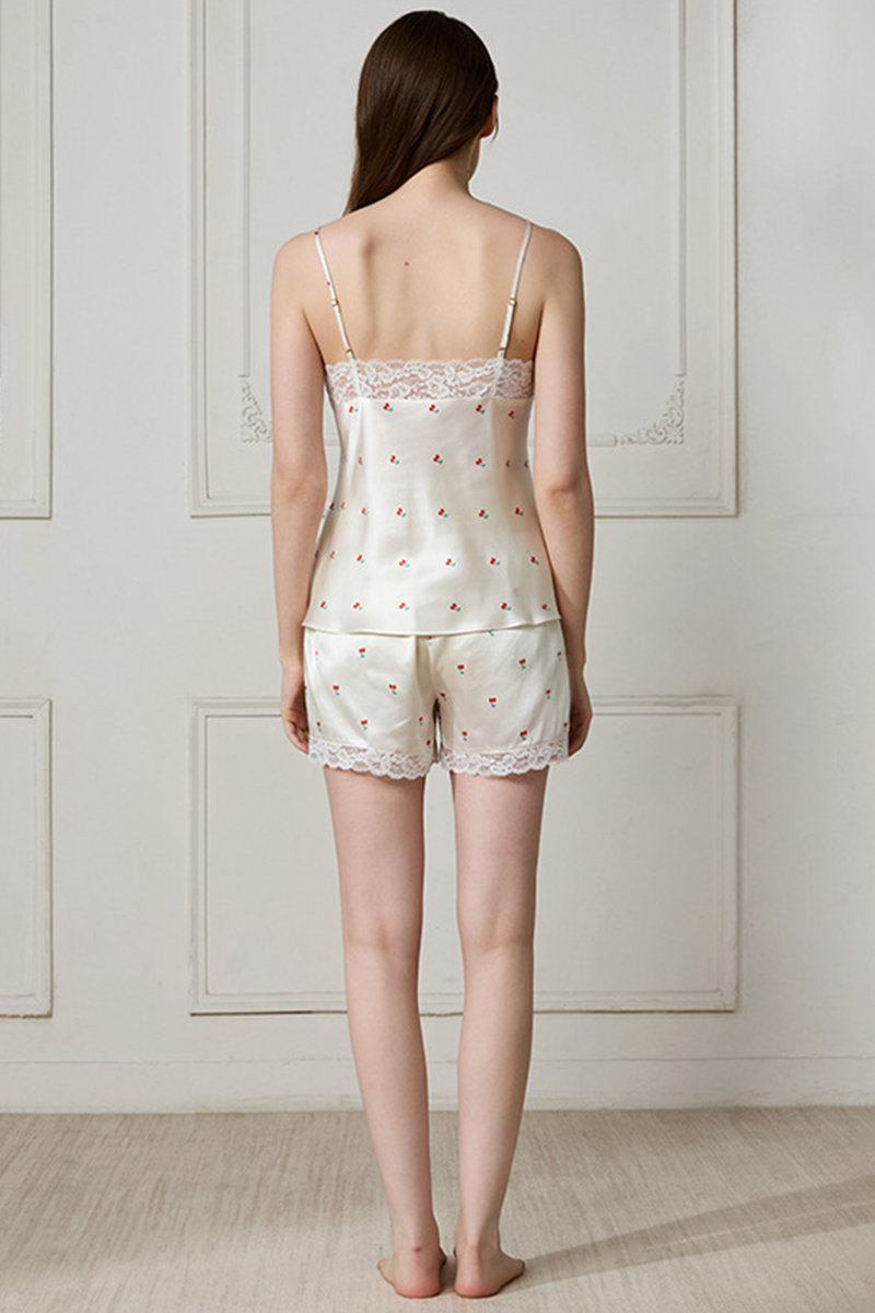 19 Momme 100% Mulberry Silk Camisole Set Romantic Floral Lace V-Neck Sexy Silk Loungewear