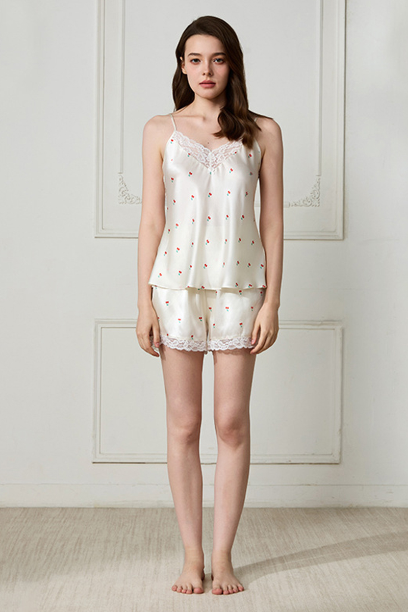19 Momme 100% Mulberry Silk Camisole Set Romantic Floral Lace V-Neck Sexy Silk Loungewear