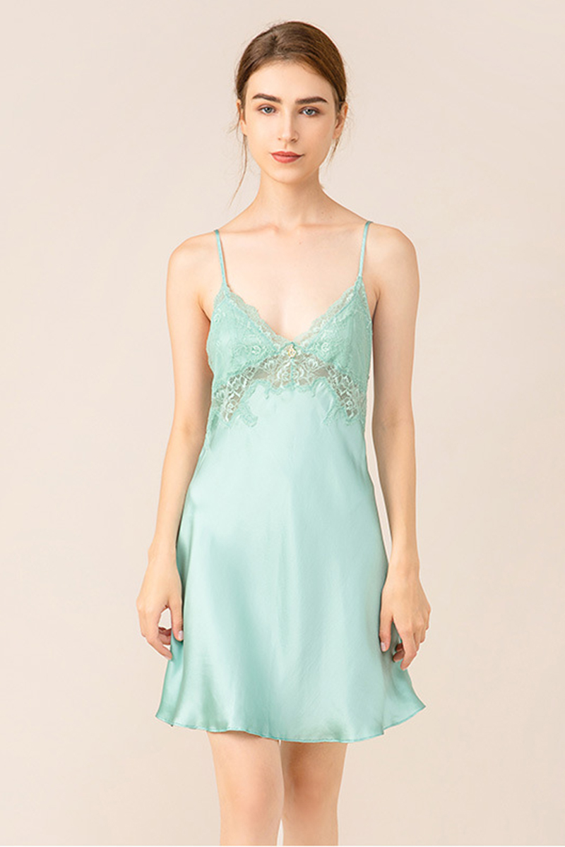 100% Mulberry Silk Sexy Lace Open Back Slip Nightgown Elegant Camisole Short Silk Loungewear Dress