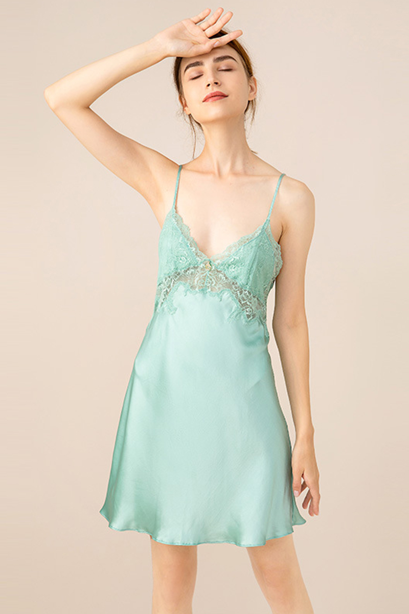 100% Mulberry Silk Sexy Lace Open Back Slip Nightgown Elegant Camisole Short Silk Loungewear Dress