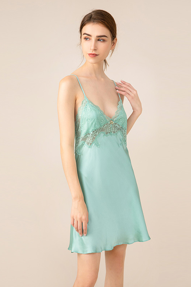 100% Mulberry Silk Sexy Lace Open Back Slip Nightgown Elegant Camisole Short Silk Loungewear Dress