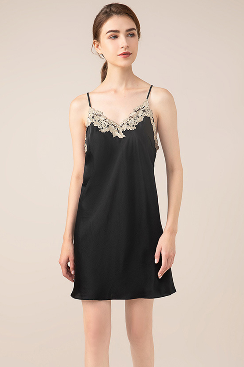 19 Momme 100% Mulberry Sexy Lace Backless Slip Nightgown Mini Camisole Silk Loungewear Dress