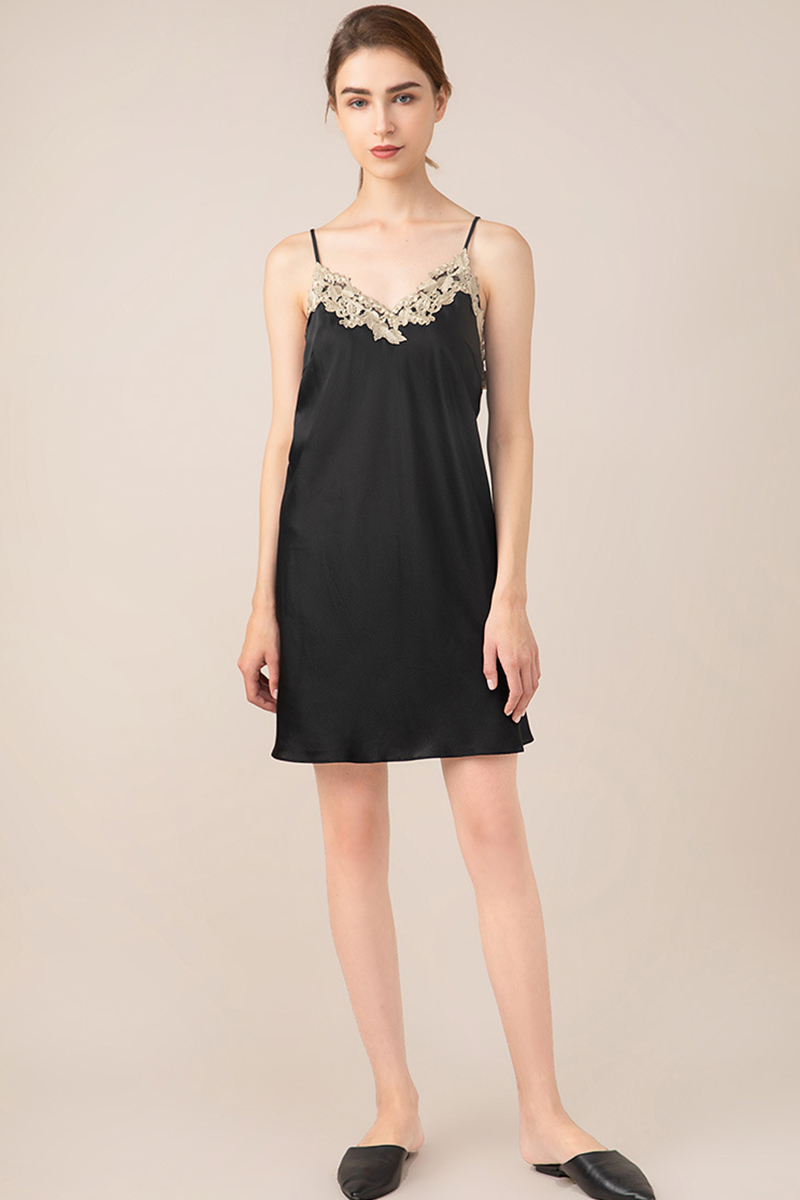 19 Momme 100% Mulberry Sexy Lace Backless Slip Nightgown Mini Camisole Silk Loungewear Dress