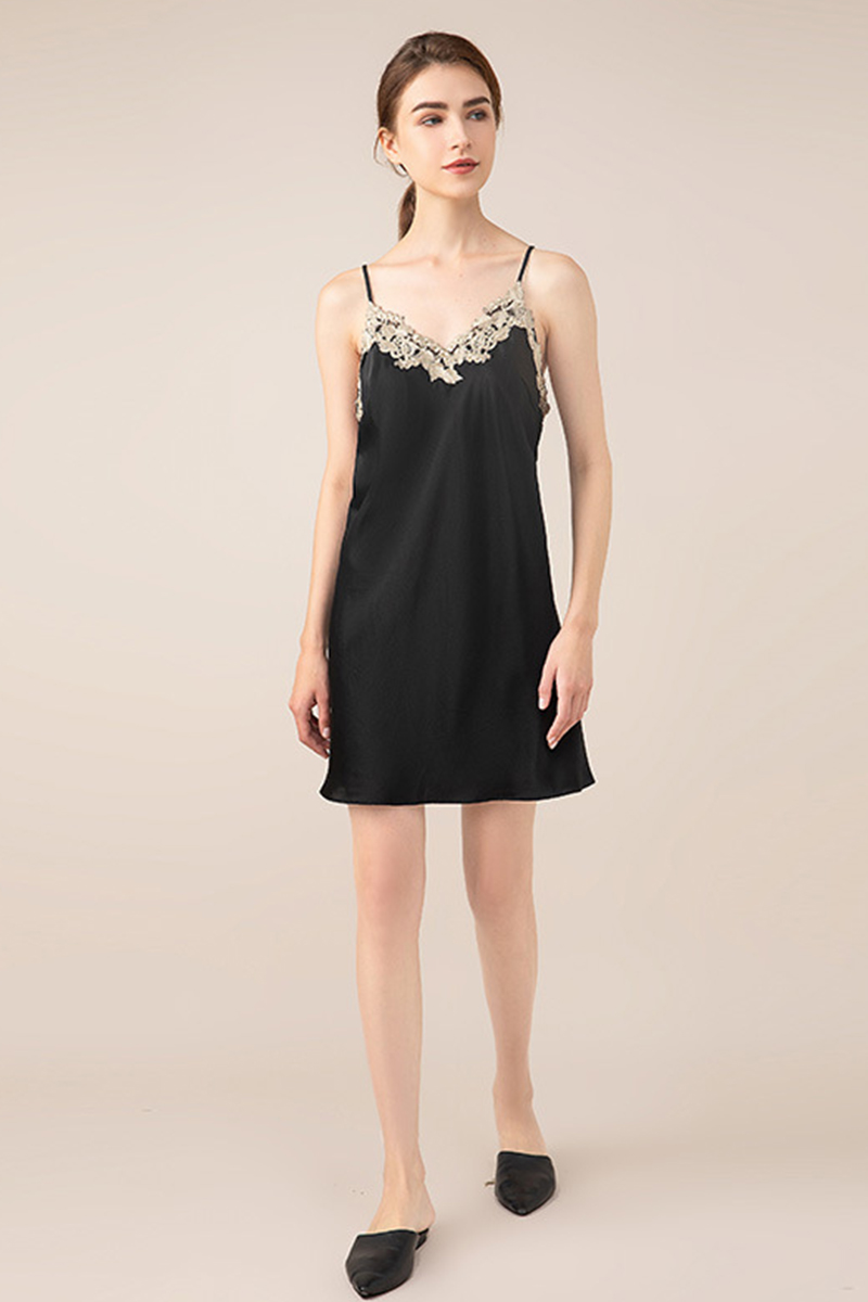 19 Momme 100% Mulberry Sexy Lace Backless Slip Nightgown Mini Camisole Silk Loungewear Dress
