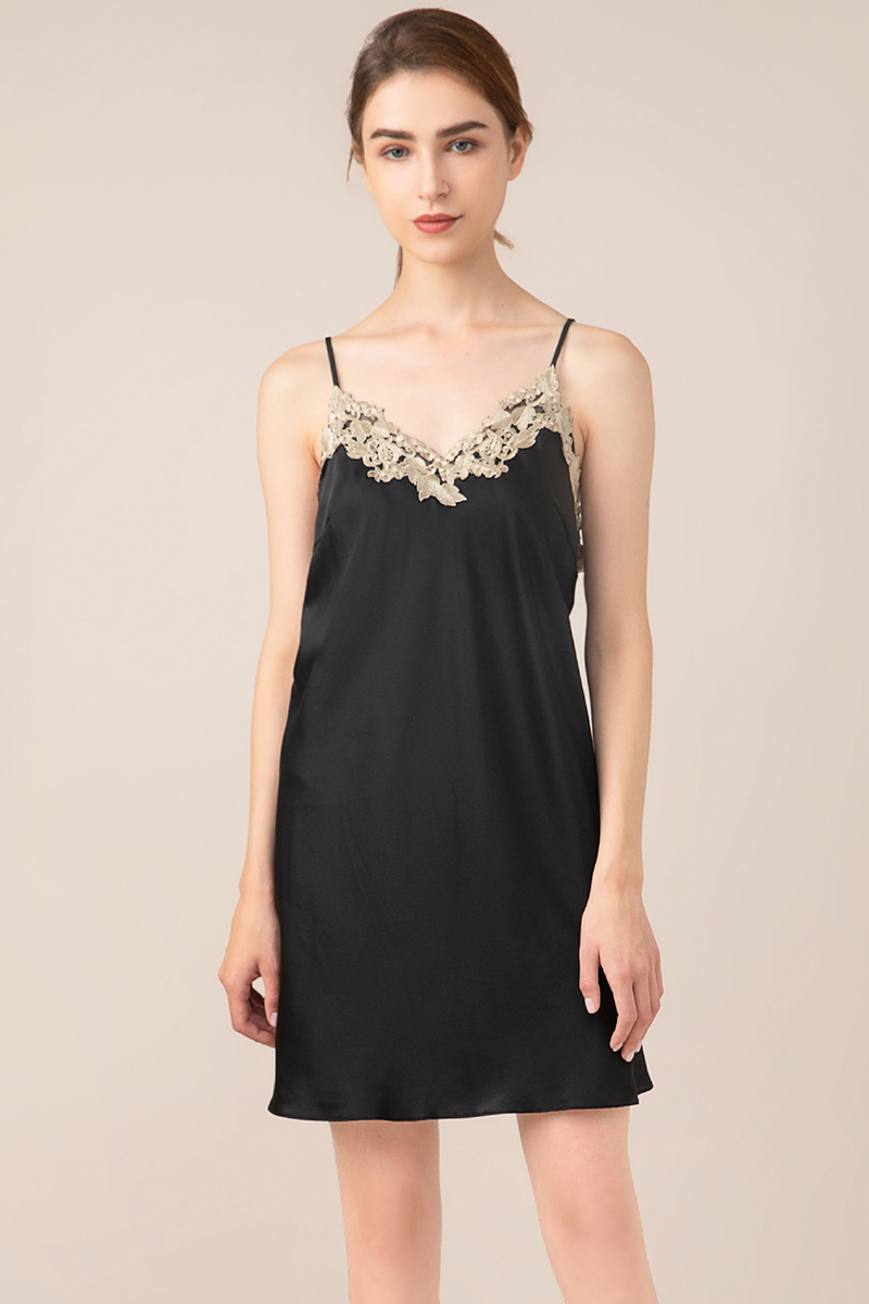 19 Momme 100% Mulberry Sexy Lace Backless Slip Nightgown Mini Camisole Silk Loungewear Dress
