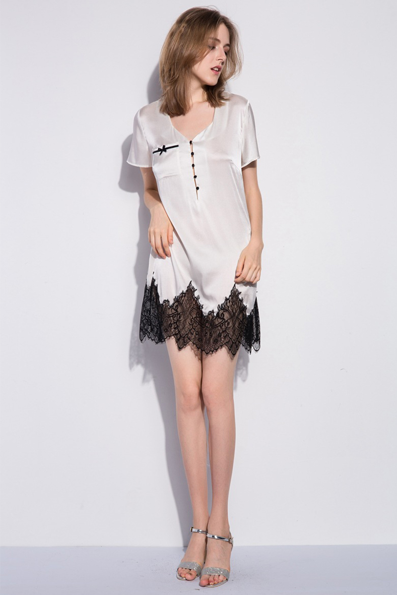 19 Momme Thin Mulberry Silk Nightgown for Women Sexy V-Neck Lace Loose Fit Short Sleeve Silk Loungewear Dress