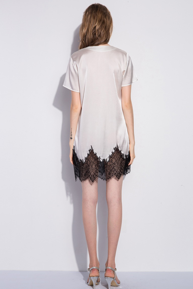19 Momme Thin Mulberry Silk Nightgown for Women Sexy V-Neck Lace Loose Fit Short Sleeve Silk Loungewear Dress