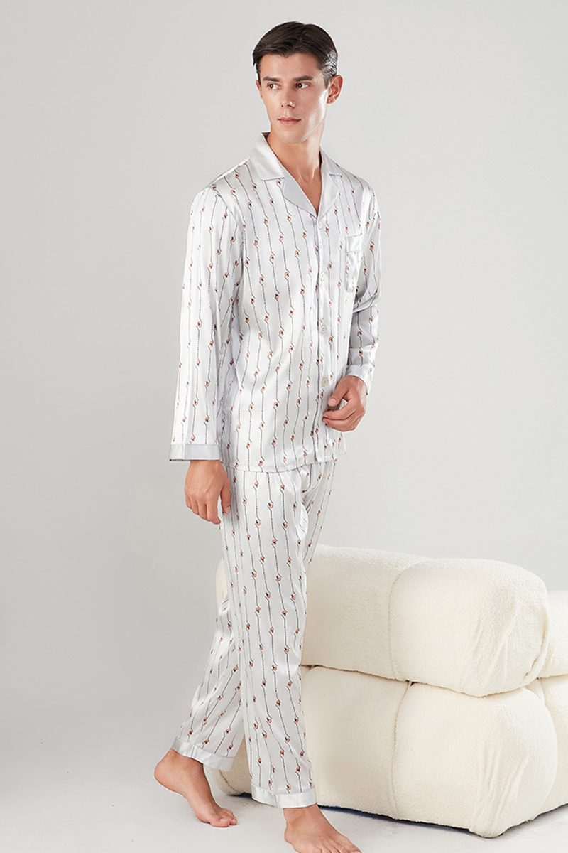 Men’s 100% Mulberry Silk Printed Pajama Set Long Sleeve Luxury Silk Loungewear