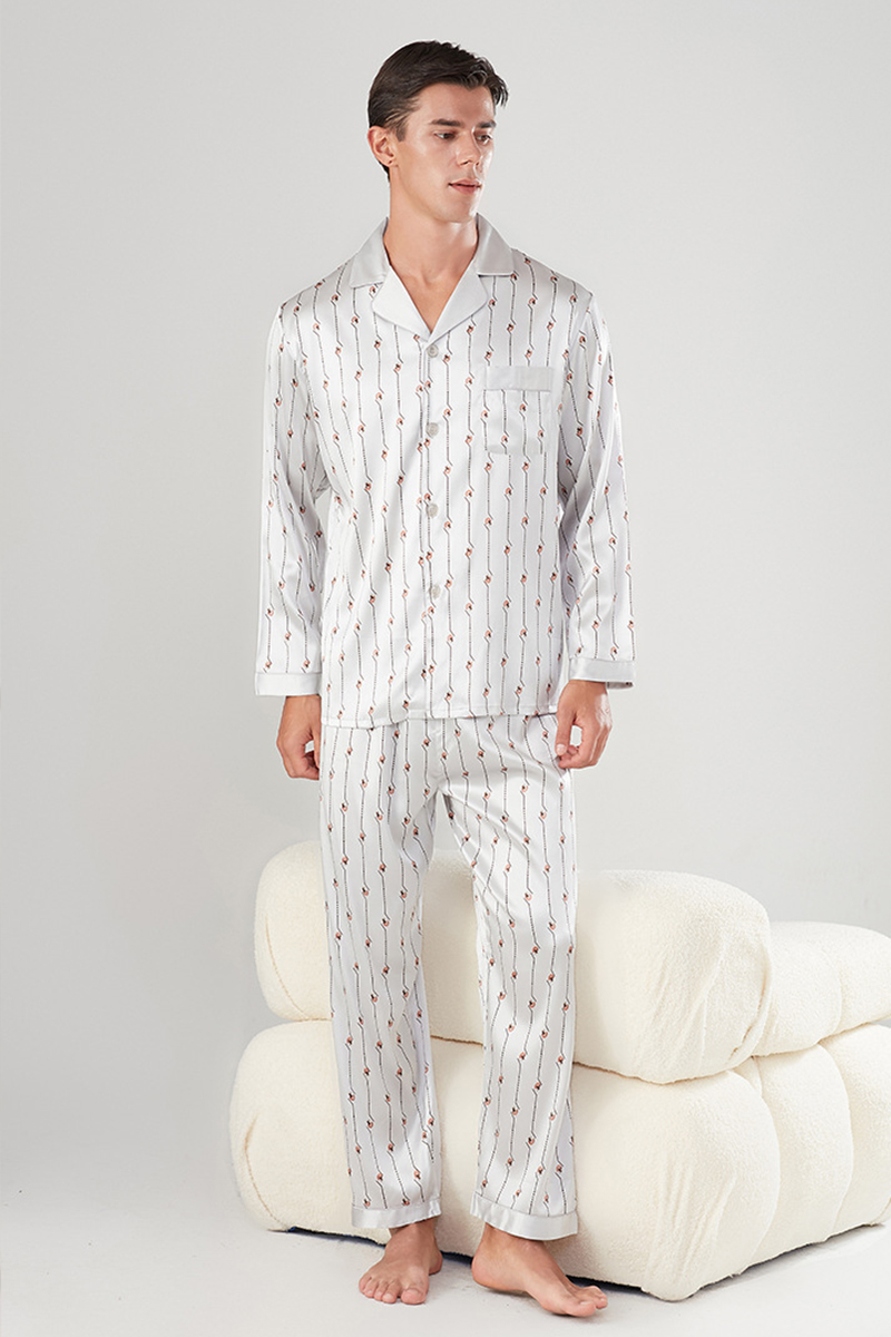 Men’s 100% Mulberry Silk Printed Pajama Set Long Sleeve Luxury Silk Loungewear