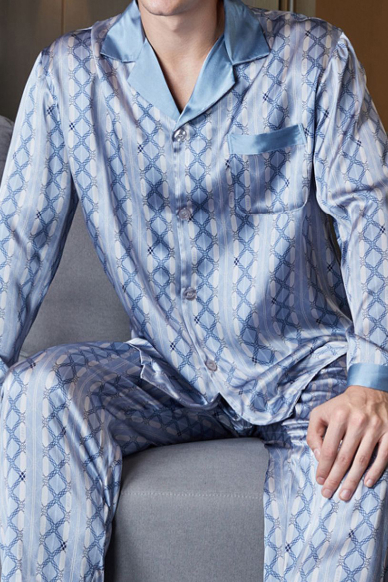 Men’s 100% Mulberry Silk Printed Pajama Set Long Sleeve Luxury Silk Loungewear