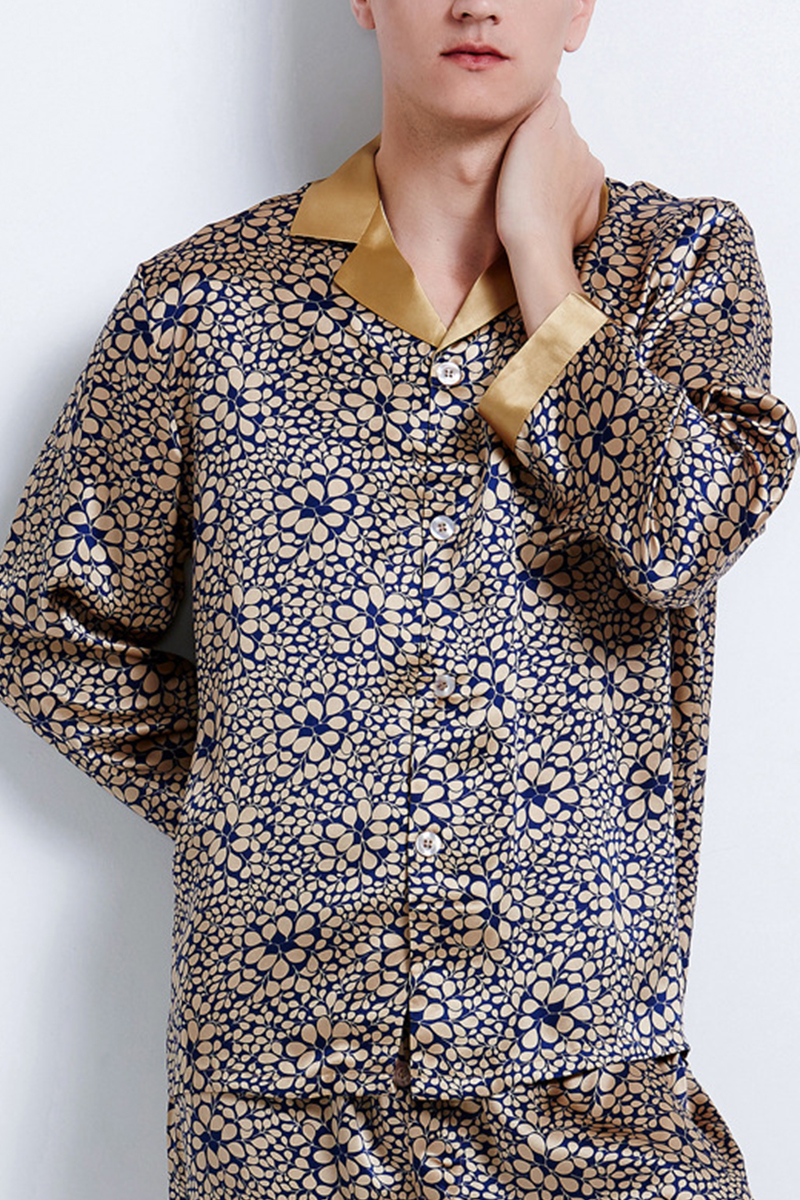 Men’s 100% Mulberry Silk Printed Pajama Set Long Sleeve Luxury Silk Loungewear