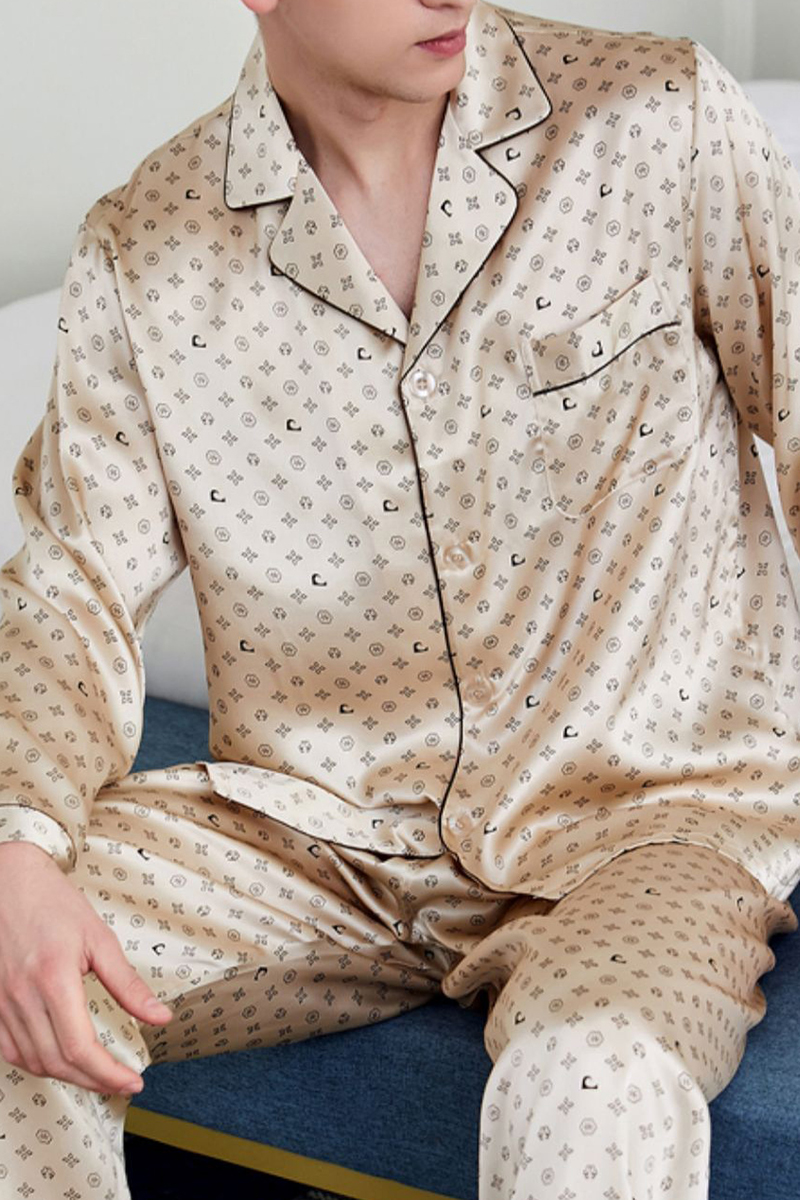 Men’s 100% Mulberry Silk Printed Pajama Set Long Sleeve Luxury Silk Loungewear