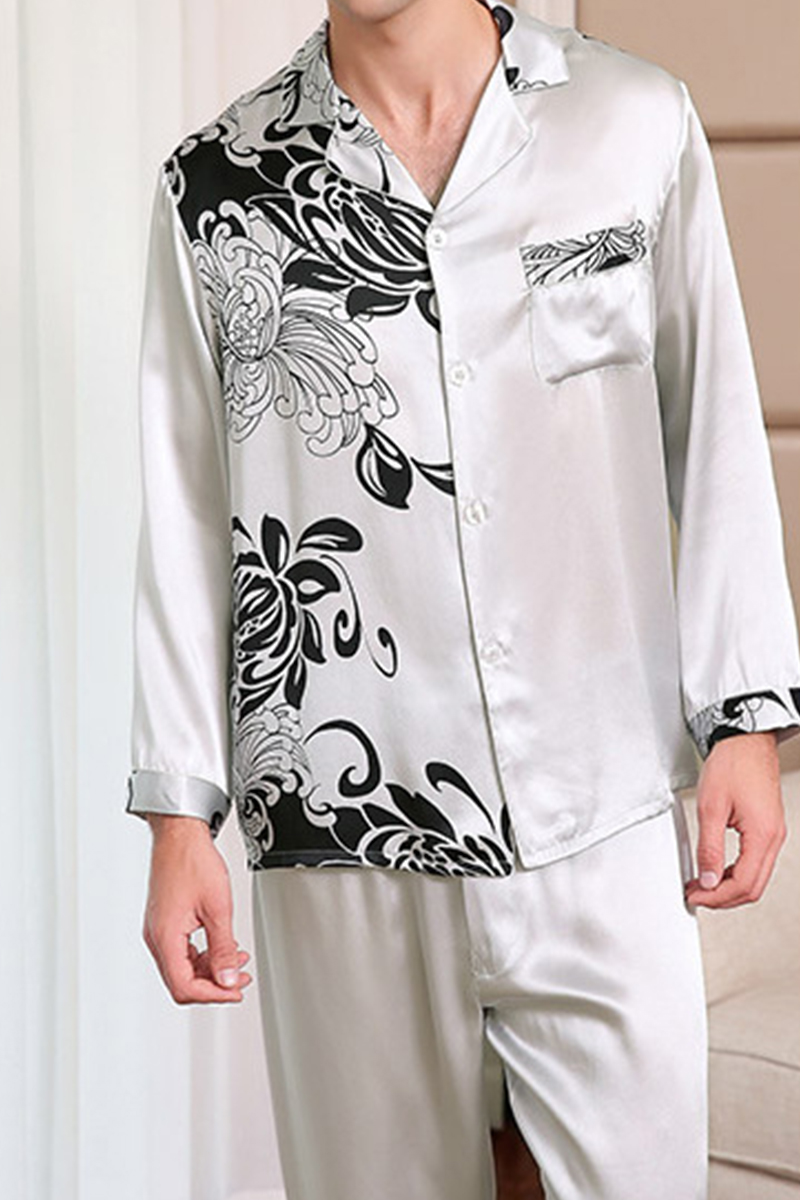 Men’s 100% Mulberry Silk Printed Pajama Set Long Sleeve Luxury Silk Loungewear