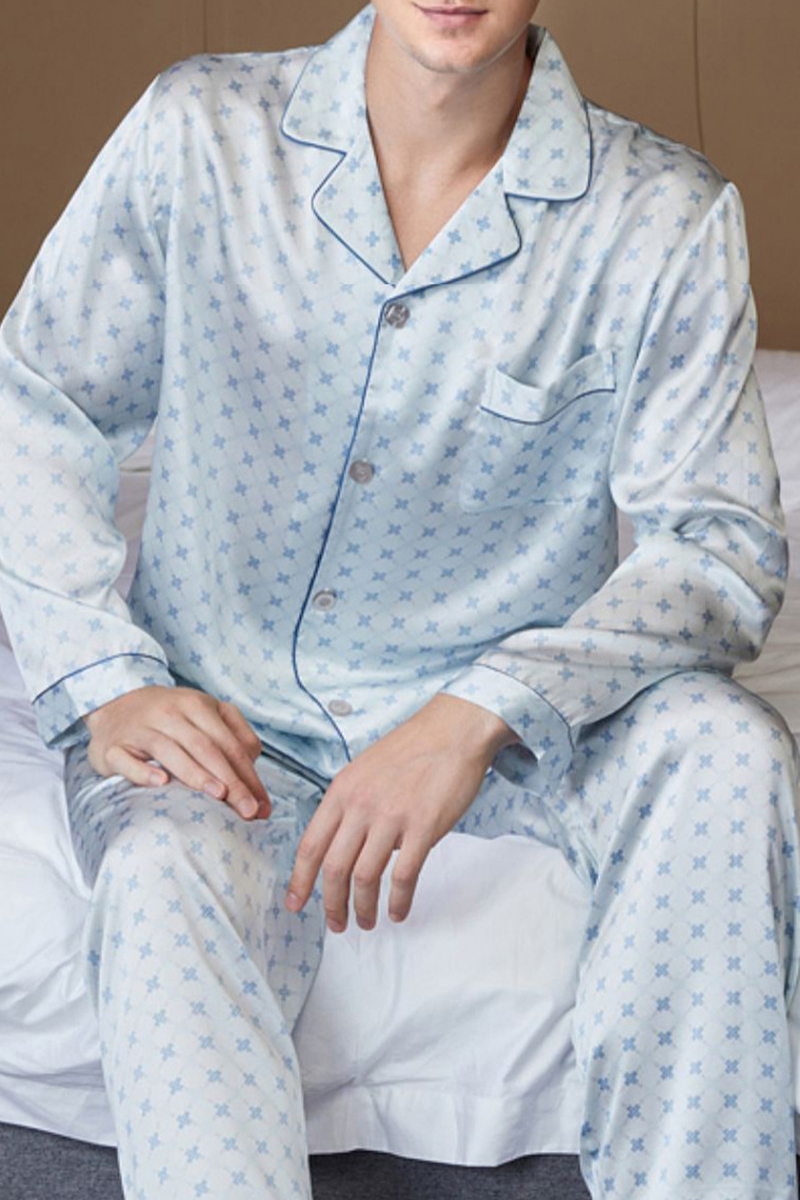 Men’s 100% Mulberry Silk Printed Pajama Set Long Sleeve Luxury Silk Loungewear