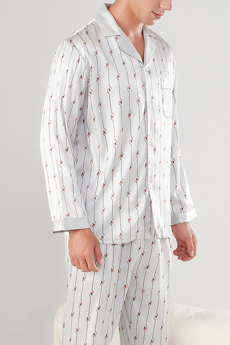 Men’s 100% Mulberry Silk Printed Pajama Set Long Sleeve Luxury Silk Loungewear