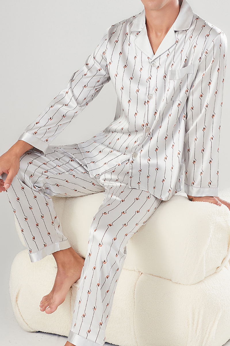 Men’s 100% Mulberry Silk Printed Pajama Set Long Sleeve Luxury Silk Loungewear