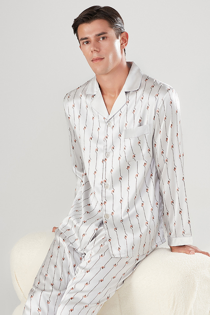 Men’s 100% Mulberry Silk Printed Pajama Set Long Sleeve Luxury Silk Loungewear
