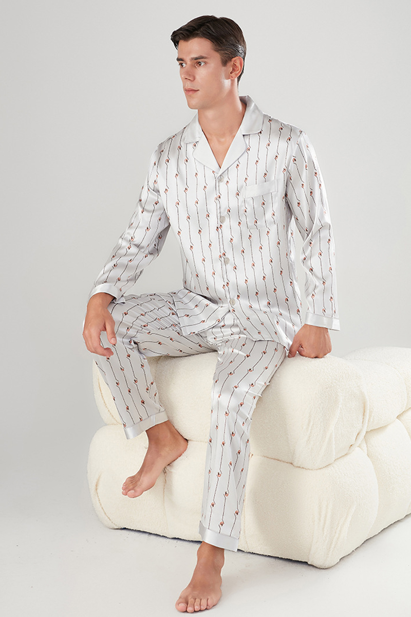 Men’s 100% Mulberry Silk Printed Pajama Set Long Sleeve Luxury Silk Loungewear