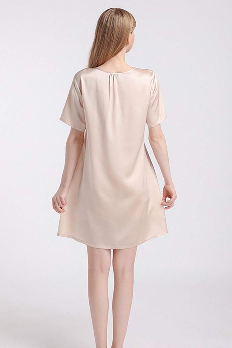 100% Mulberry Silk Short Sleeve Nightgown Lace Loose Fit  Dress