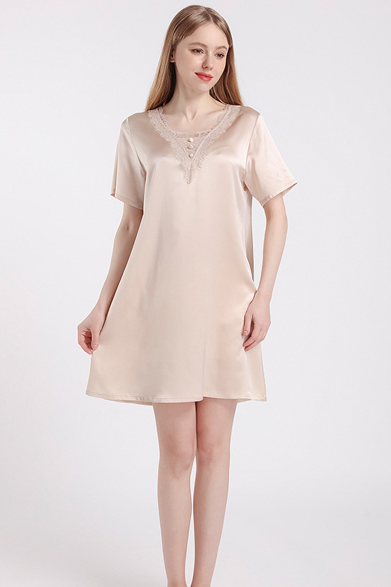 100% Mulberry Silk Short Sleeve Nightgown Lace Loose Fit  Dress